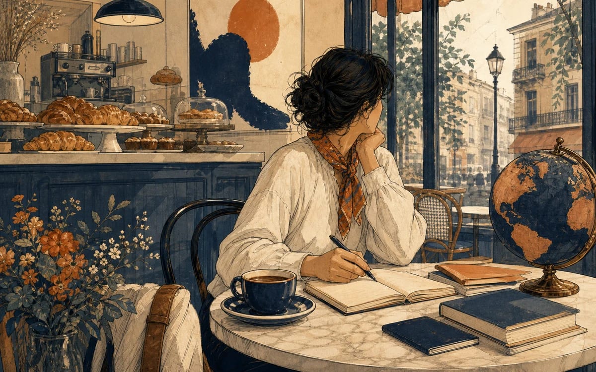 Sofía reading in a sunlit café