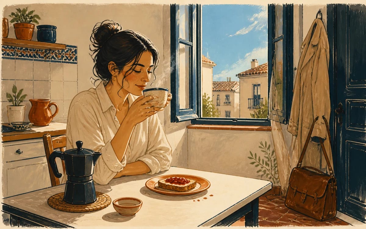 Sofía reading in a sunlit café