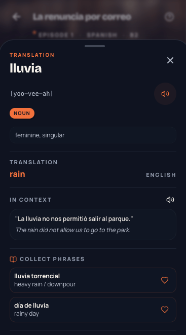 MeloLingua word translation sheet with pronunciation, context, and useful phrases