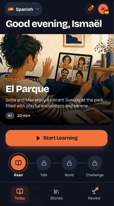 MeloLingua Today screen showing a story and its four guided learning stages