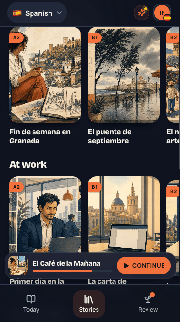 MeloLingua Spanish story library with illustrated stories organized by topic and level