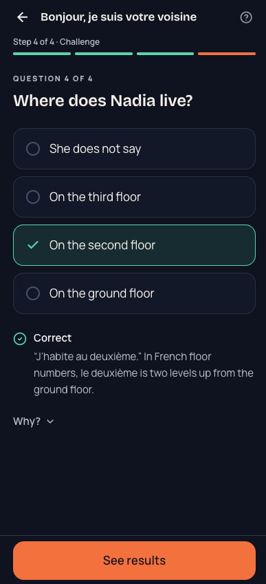 MeloLingua story challenge question answered correctly, with a short note explaining French floor numbers