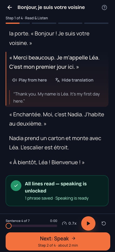 MeloLingua French reader with narration controls, an English translation of the current line, and speaking unlocked once every line is read