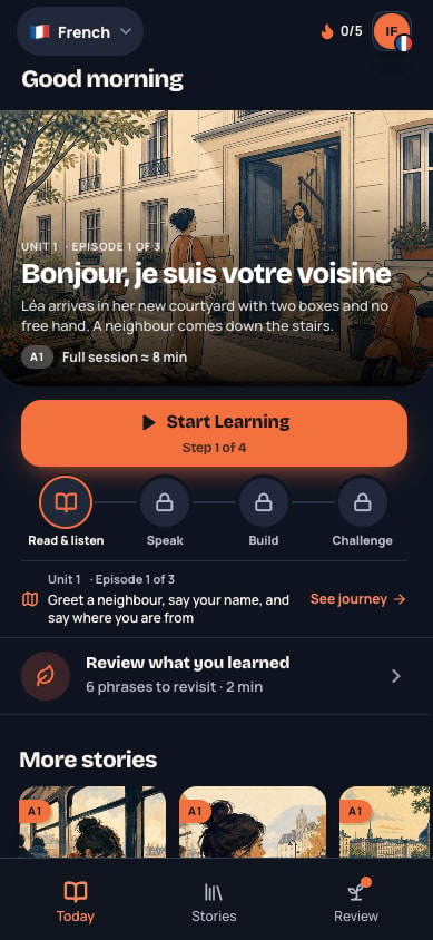 MeloLingua Today screen with the day's French story, a four-step session from reading to challenge, and saved phrases ready to review