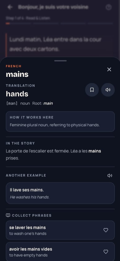 MeloLingua word sheet for the French word mains with its translation, pronunciation, and how it works in the sentence